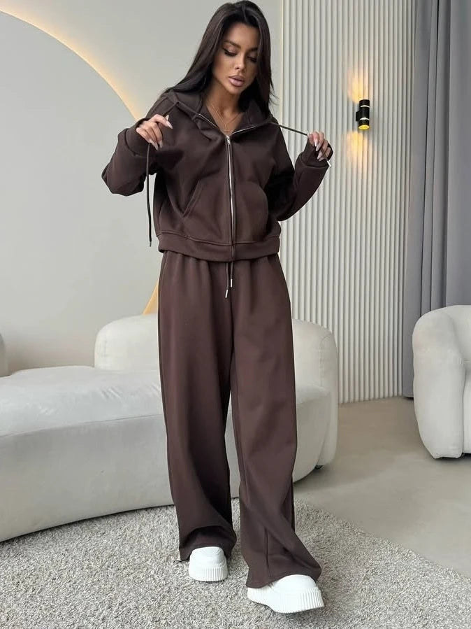 Fashionable Casual Loose Hooded Jacket and Pants Set Long Sleeve Zipper Closure Sweatshirt for Adult Women's Autumn Wear