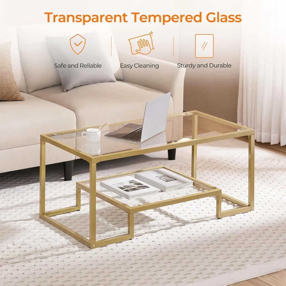 Gold Coffee Table, 42" Rectangular Glass Coffee Table for Living Room, 2-Tier Living Room Tables with Storage Center, Customized