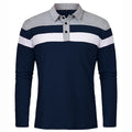 Men's Long Sleeve Casual Cotton Patchwork Collared Shirt Autumn Striped Pullover Streetwear Golf Button Polo Shirts