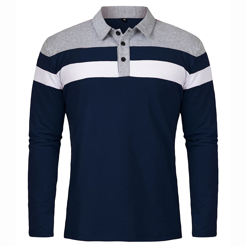 Men's Long Sleeve Casual Cotton Patchwork Collared Shirt Autumn Striped Pullover Streetwear Golf Button Polo Shirts