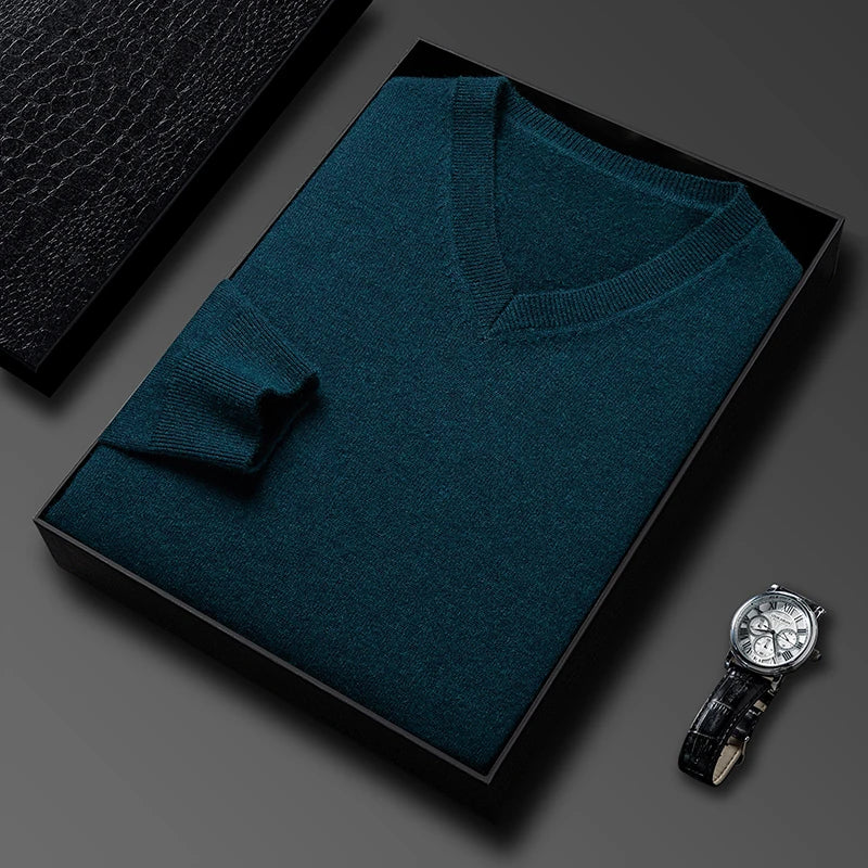 Men's V-Neck Basic Solid Color Sweatshirt Warm Autumn Knitted Oversize Pullover Elastic Round Neck Sweater for Casual Wear