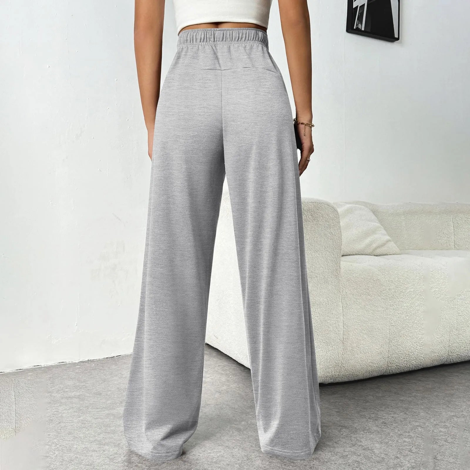 Women New Elastic Waist Pants with Side Pockets Fleece Lined Thick Wide Leg Sweatpants Pure Color Straight Cut