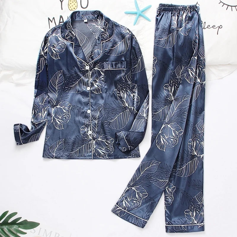 Spring Autumn Pajama Women Silk Satin Pajamas Set Long Sleeve Shirt with Trouser Sleepwear Loungewear Female Pajamas Suits Mujer