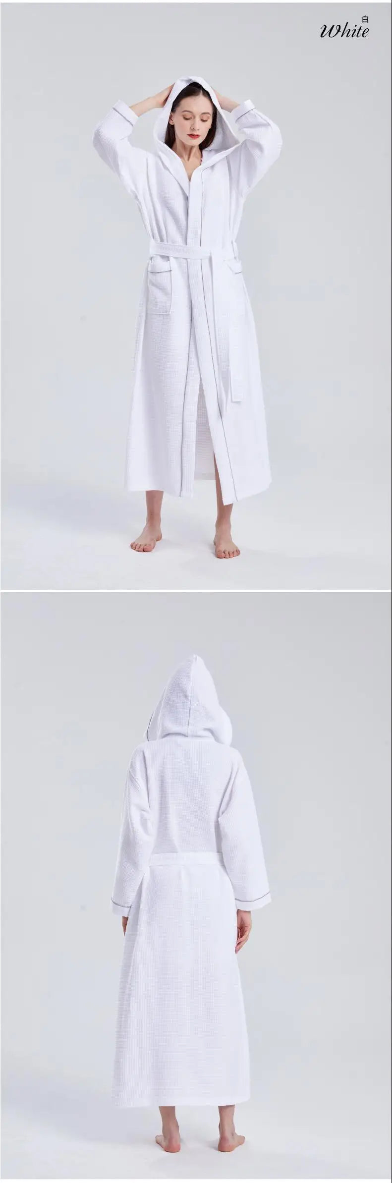 Pure Cotton Waffle Hooded Hotel SPA Robe for Men and Women - Quick Drying, Absorbent Kimono Yukata Sleepwear, Homewear, Casual Soft Bathrobe