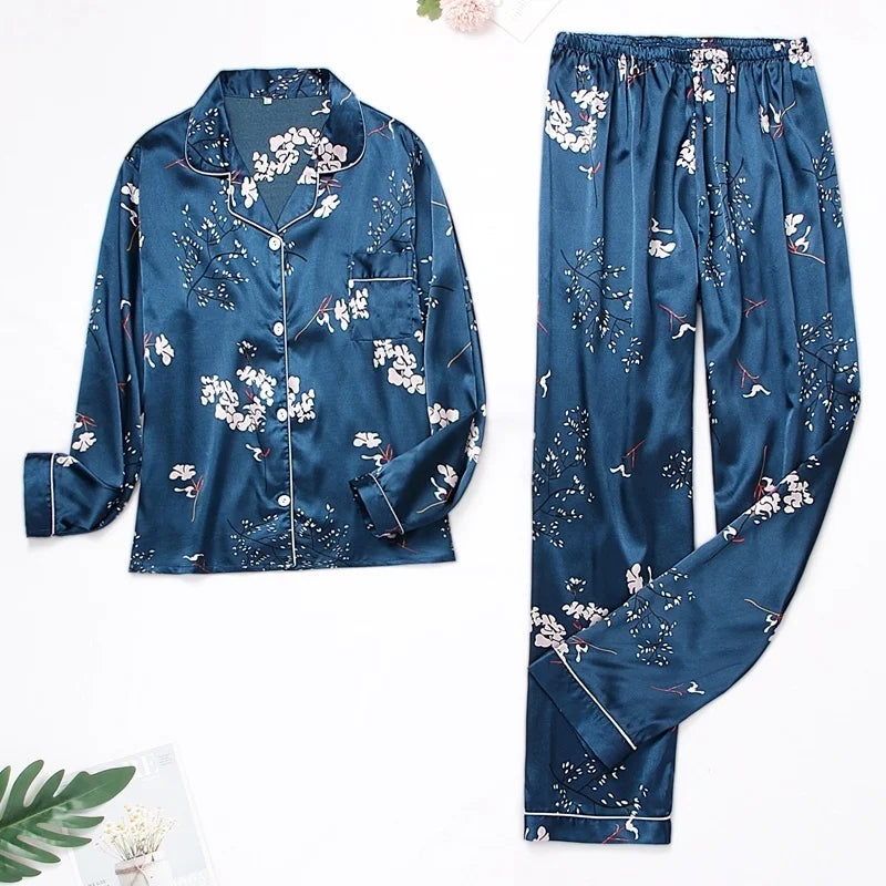 Spring Autumn Pajama Women Silk Satin Pajamas Set Long Sleeve Shirt with Trouser Sleepwear Loungewear Female Pajamas Suits Mujer
