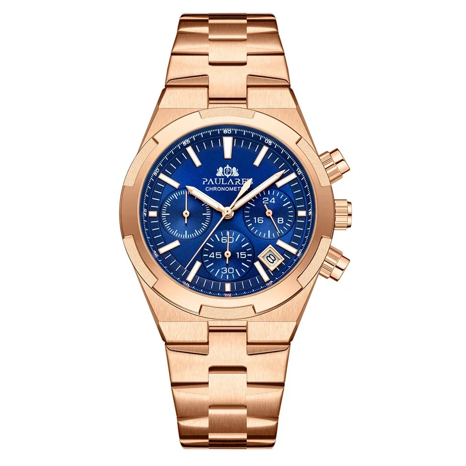 Luxury Watch for Men Chronograph Luminous Rose Gold Silver Blue Fashion Quartz Overseas Stainless Steel Watch for Men Cheap