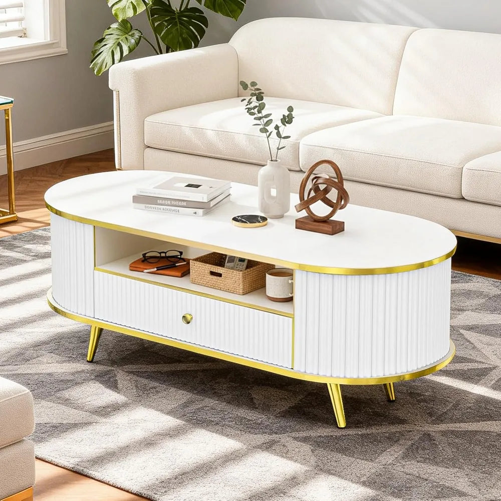 47" Fluted Coffee Table with LED Lights & Storage - Luxury Modern Oval Center Table for Living Room, Coffe Tables,Customized
