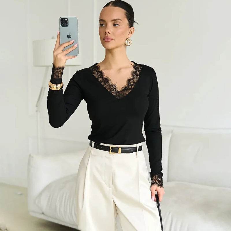 Tornova V Neck Lace T-Shirt Top for Women - Sexy Navel Exposed Pullover Fashion Splice Hot Girl Club Party Top - Autumn New Lady T-Shirt