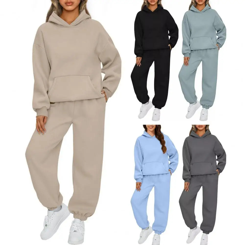 Women's Tracksuit Suit Winter Fashion Warm Hoodie Sweatshirts Two Pieces Oversized Solid Casual Hoody Pullovers Long Pant Sets
