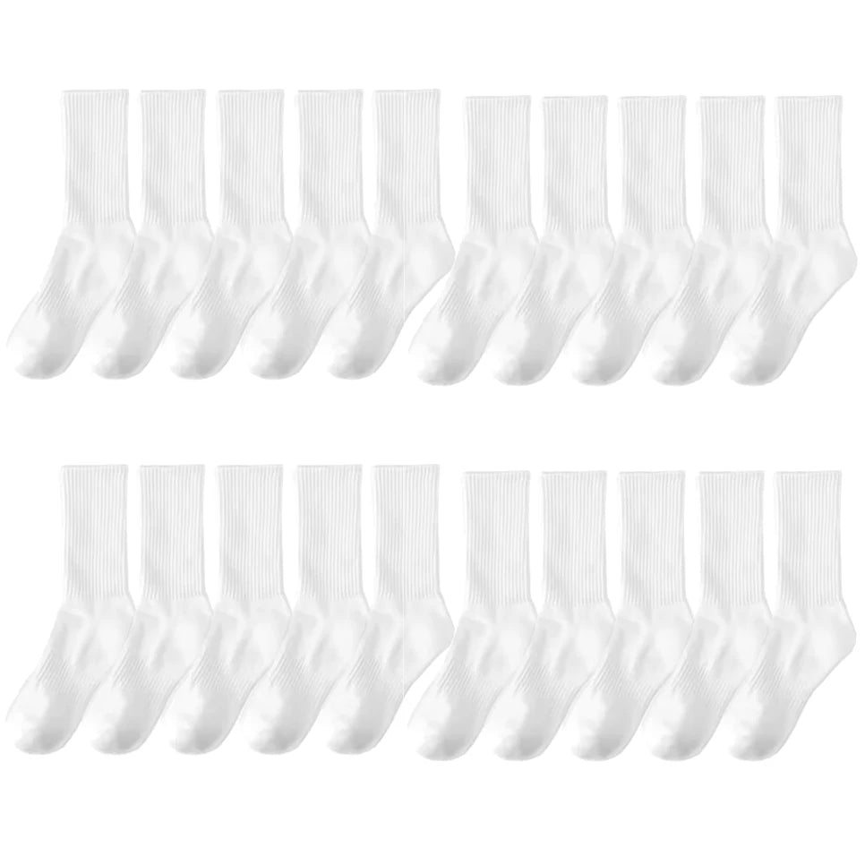 20 Pairs Pure Cotton Men's High Socks Classic Black White Breathable Sweat-Absorbent Warm Elastic Sports Socks