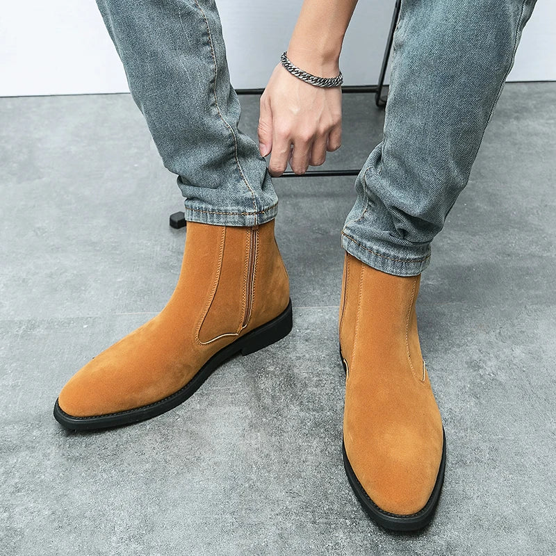 Winter Men Velvet Warm Chelsea Boots British High Top Cowboy Boots European and American Zipper Training Boots Men Sizes 38-46