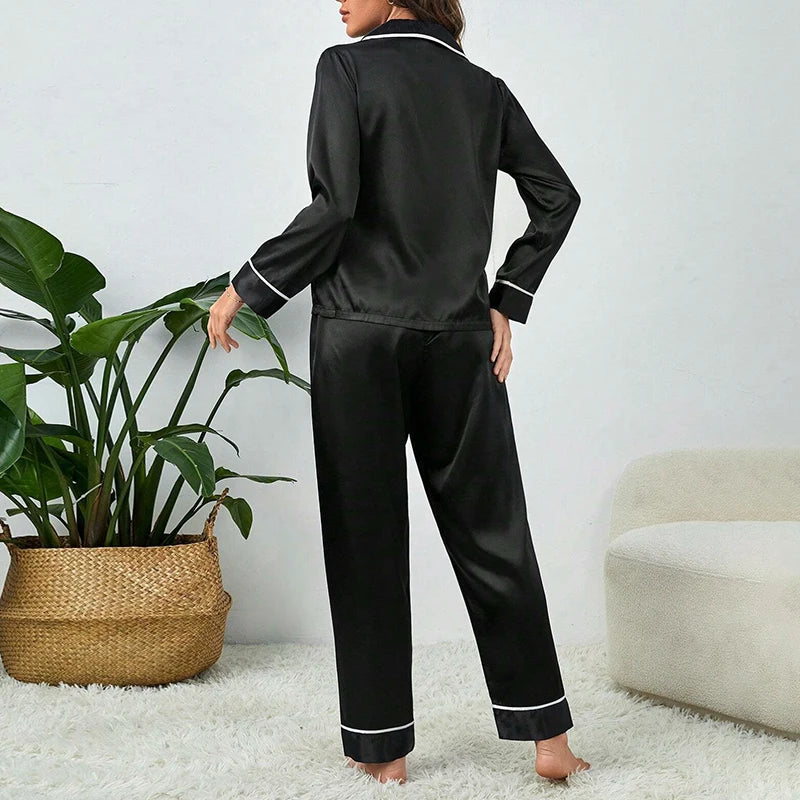 Spring Autumn Pajama Women Silk Satin Pajamas Set Long Sleeve Shirt with Trouser Sleepwear Loungewear Female Pajamas Suits Mujer