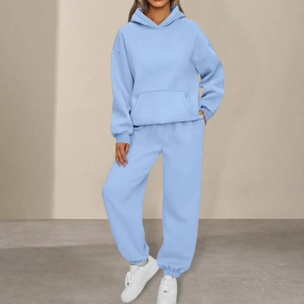 Women's Tracksuit Suit Winter Fashion Warm Hoodie Sweatshirts Two Pieces Oversized Solid Casual Hoody Pullovers Long Pant Sets