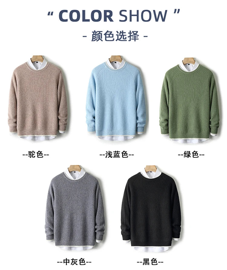 100% Pure Wool Men's Round Neck Thick Pullover Sweater - Youth Knitted Cashmere Sweater with Bottom
