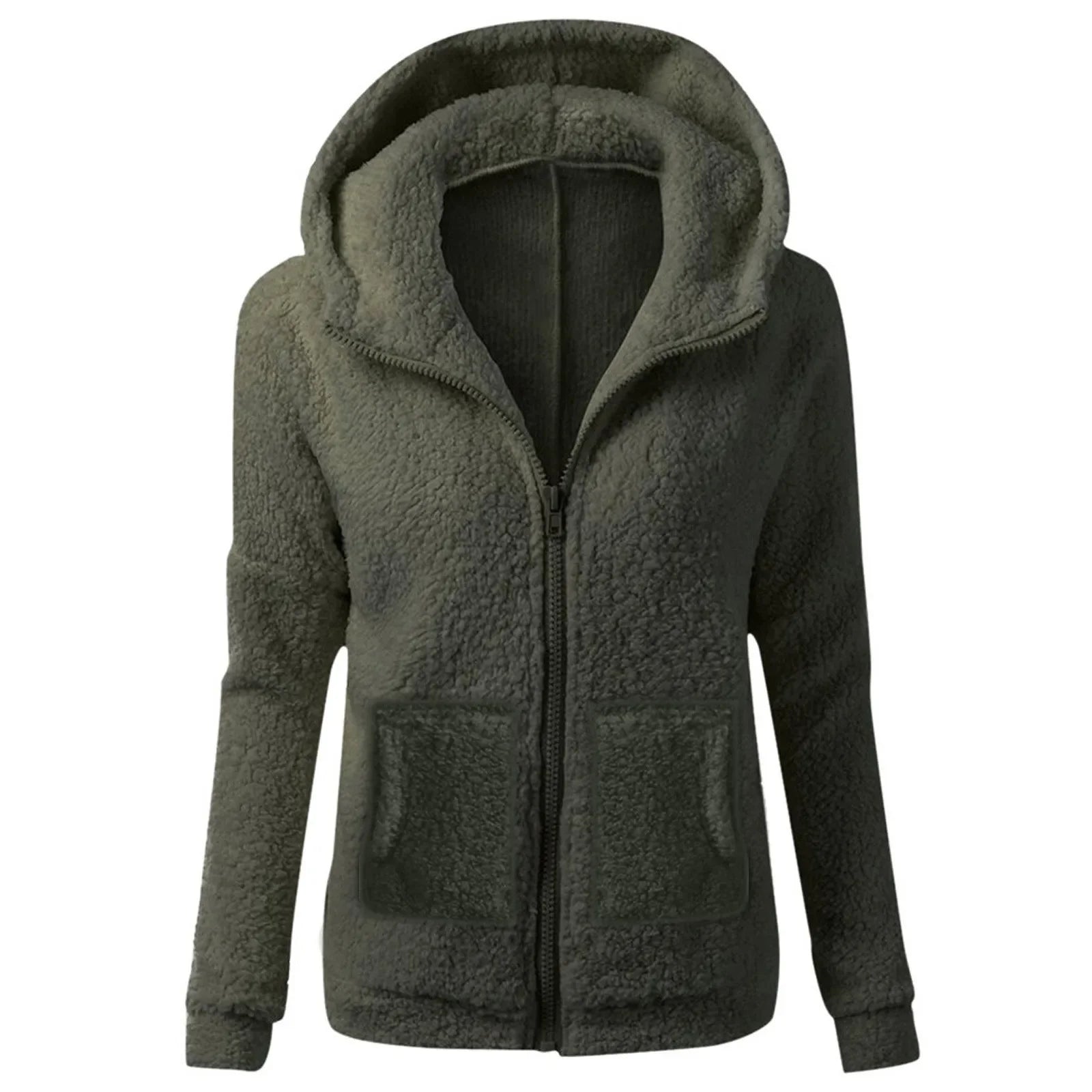 Women's Fashion Solid Color Sweatshirt Loose Hooded Plush Zip Up Jacket Top