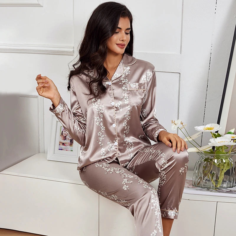 Spring Autumn Pajama Women Silk Satin Pajamas Set Long Sleeve Shirt with Trouser Sleepwear Loungewear Female Pajamas Suits Mujer