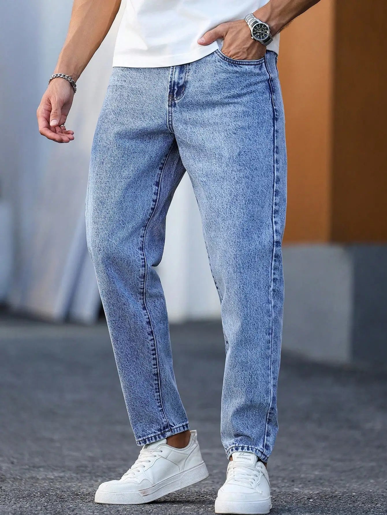Men's Light Blue Washed Denim Trousers - Slim Fit and Casual