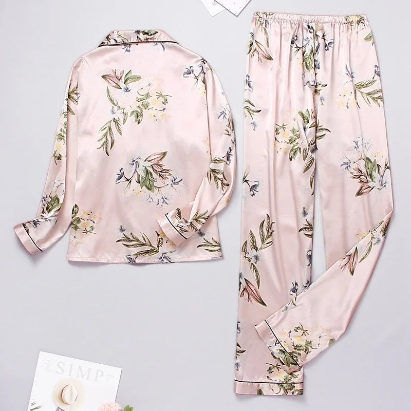 Spring Autumn Pajama Women Silk Satin Pajamas Set Long Sleeve Shirt with Trouser Sleepwear Loungewear Female Pajamas Suits Mujer