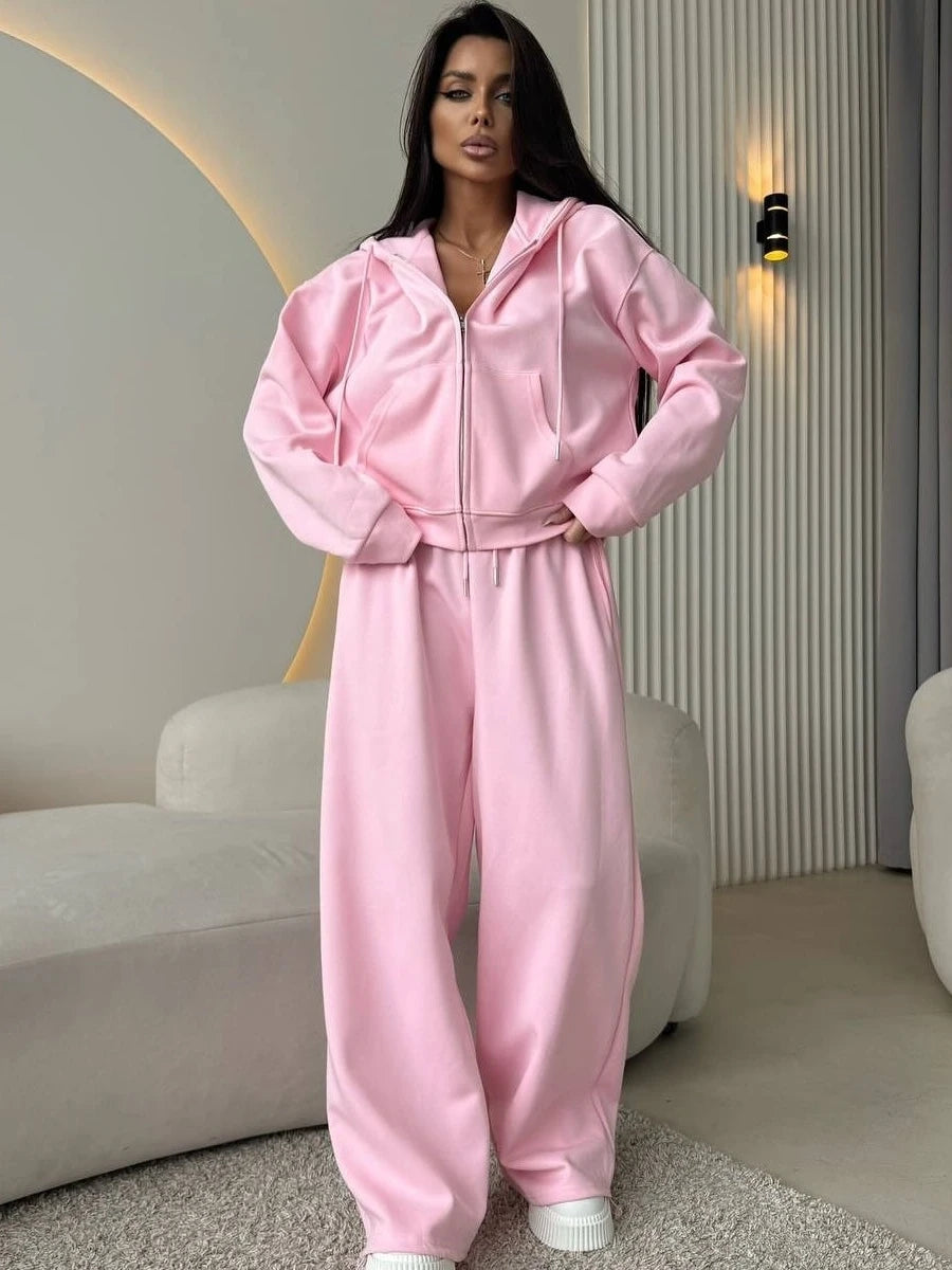Fashionable Casual Loose Hooded Jacket and Pants Set Long Sleeve Zipper Closure Sweatshirt for Adult Women's Autumn Wear