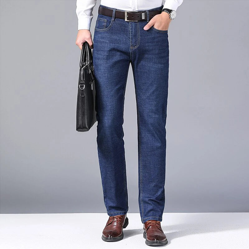 Men's Soft Straight Denim Pants 2025 Autumn Classic Business Black Biker Jeans Overalls