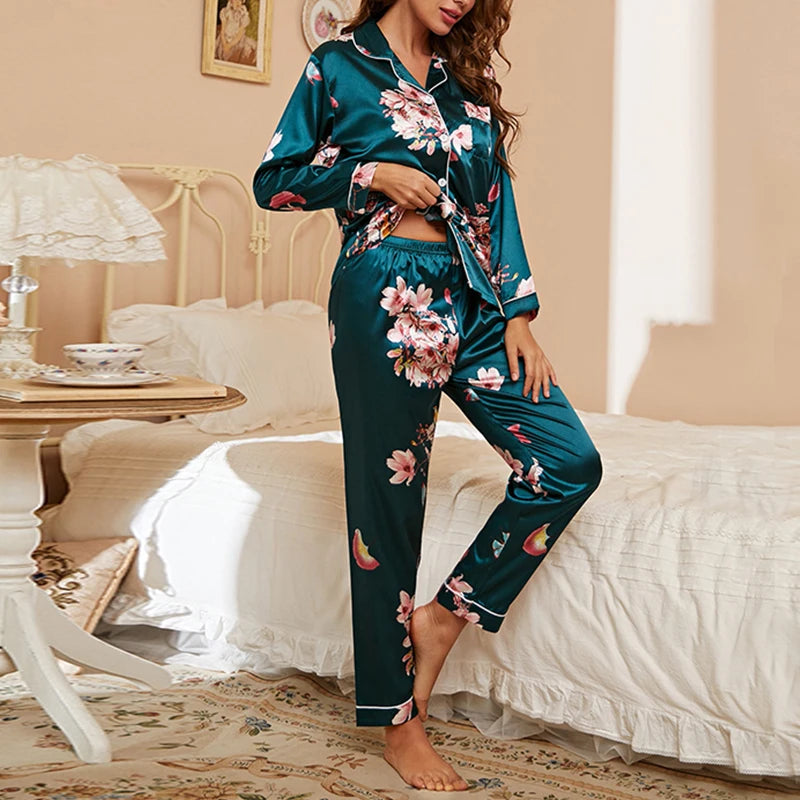 Spring Autumn Pajama Women Silk Satin Pajamas Set Long Sleeve Shirt with Trouser Sleepwear Loungewear Female Pajamas Suits Mujer