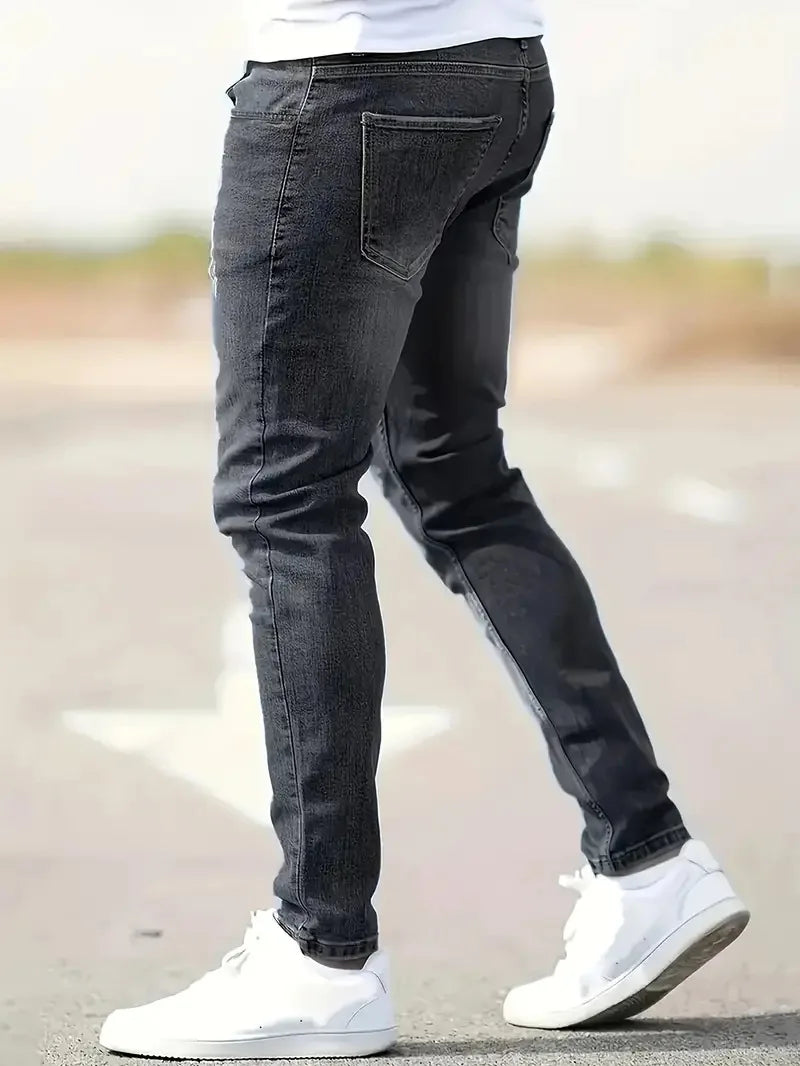 New Men's Elastic Slim Fit Jeans - Classic Ripped Cat Whiskers Casual Denim Pants - Black