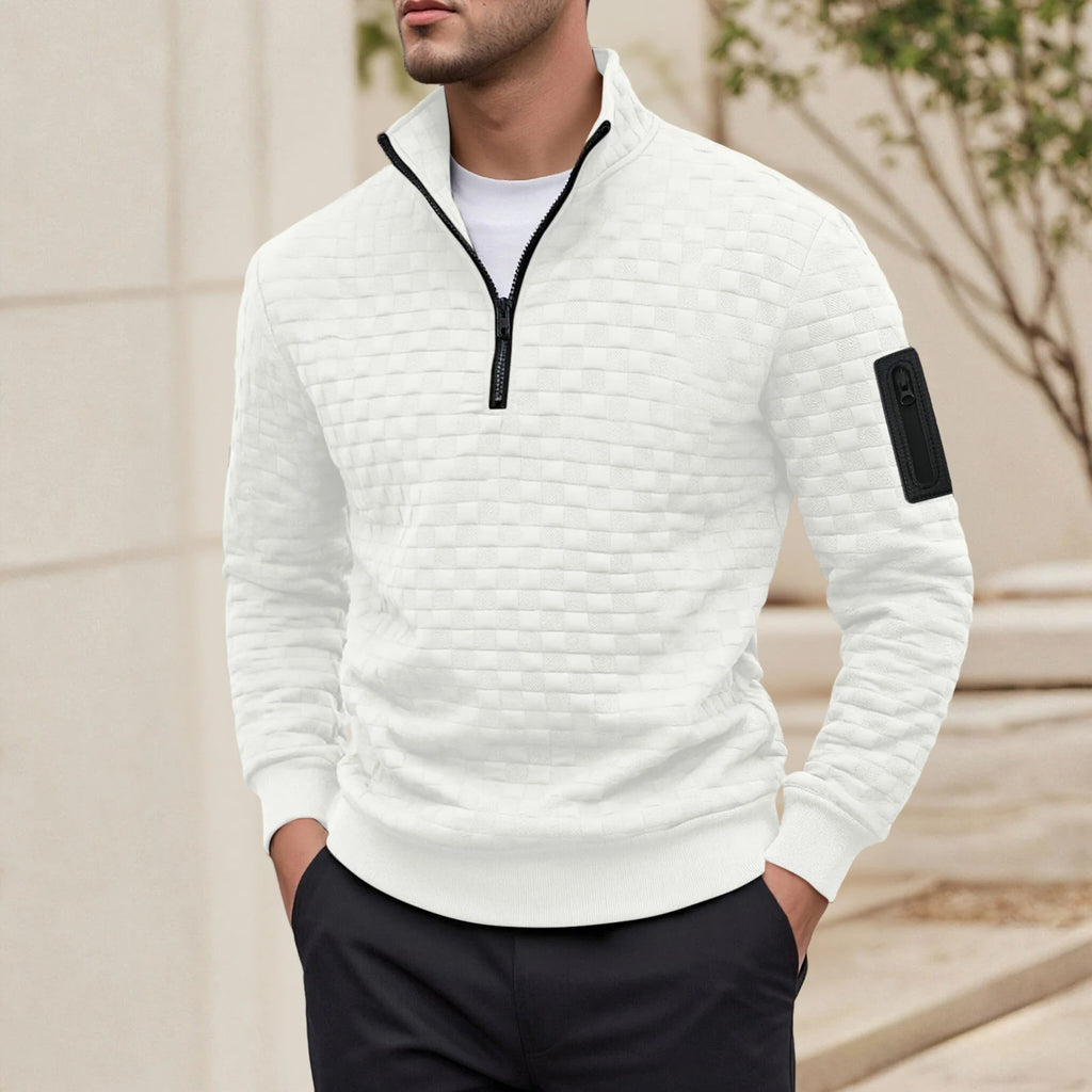 Autumn/Winter Soft Hoodless Sweatshirt Men's Warm Pullover Top Letter Checkered Half Zipper Sweatshirt Long-Sleeve Sweatshirts