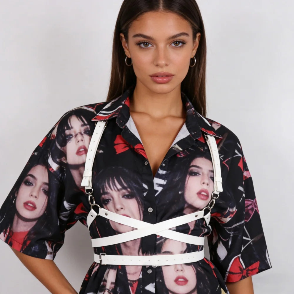 Edgy E-Girl Black/White Harness Belt Multi-Ring Metal Buckle Techwear Statement Belt for Party Styling