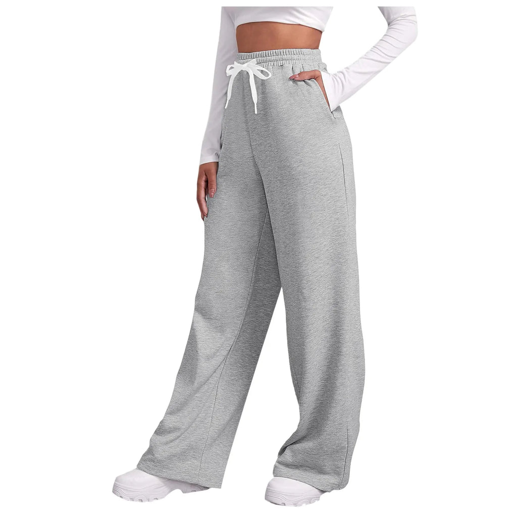 Women New Elastic Waist Pants with Side Pockets Fleece Lined Thick Wide Leg Sweatpants Pure Color Straight Cut