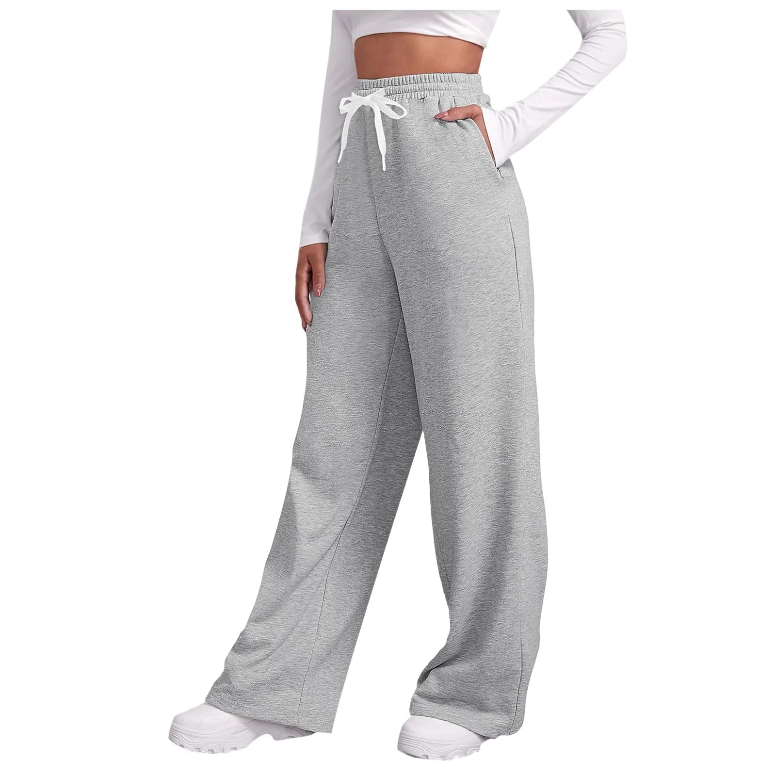 Women New Elastic Waist Pants with Side Pockets Fleece Lined Thick Wide Leg Sweatpants Pure Color Straight Cut