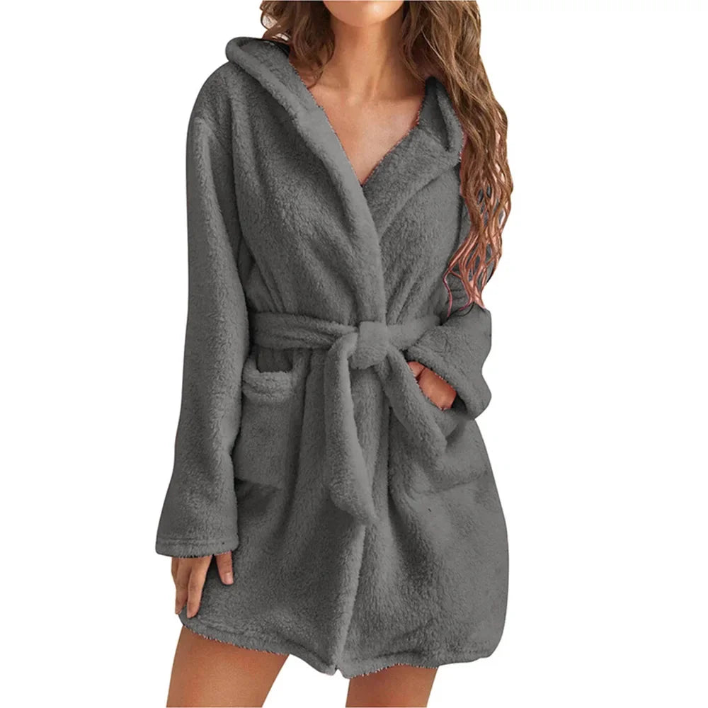 Solid Shower Kimono Robes Hooded for Women Long Sleeves Towel Bathrobe with Waist Girdle Female Cotton Sleepwear for Home Wear