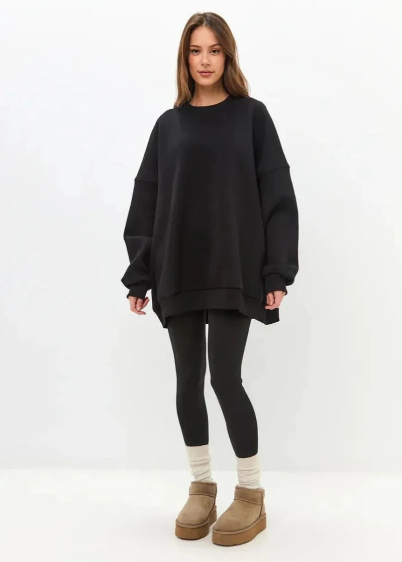 Plus Size Comfortably Lined Hooded Sweatshirt for Autumn and Winter for Men and Women - Solid Color Oversized Crew Neck Long Jumper