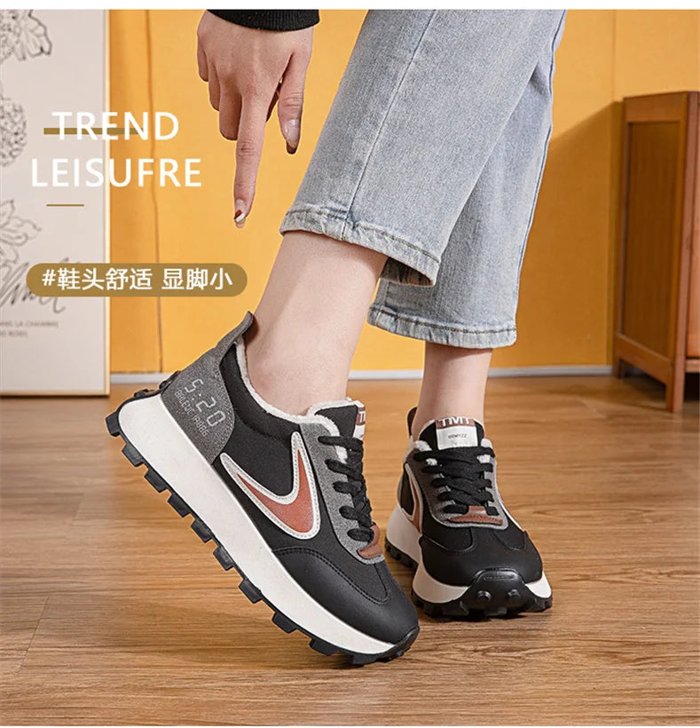 Autumn Winter Chunky Sneaker Women Retro Running Shoes Fashion Casual Fabric Breathable Height Increased Platform Shoes