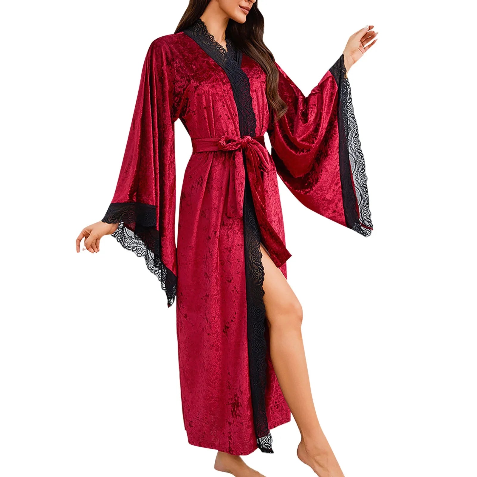 Women's Lace Velvet Bathrobe Breathable Nightgown Kimono Home Clothes Flare Sleeve Night Long Robe Female Sleepwear Homewear