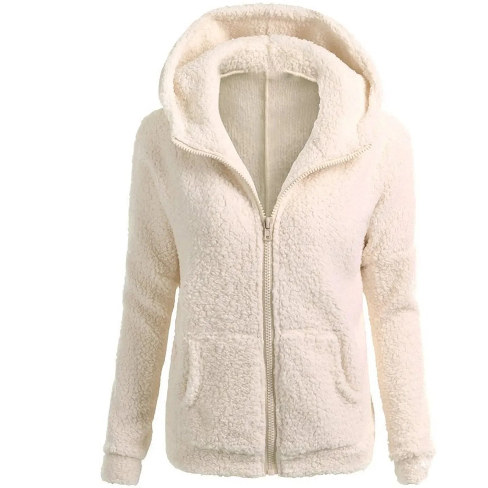 Women's Fashion Solid Color Sweatshirt Loose Hooded Plush Zip Up Jacket Top