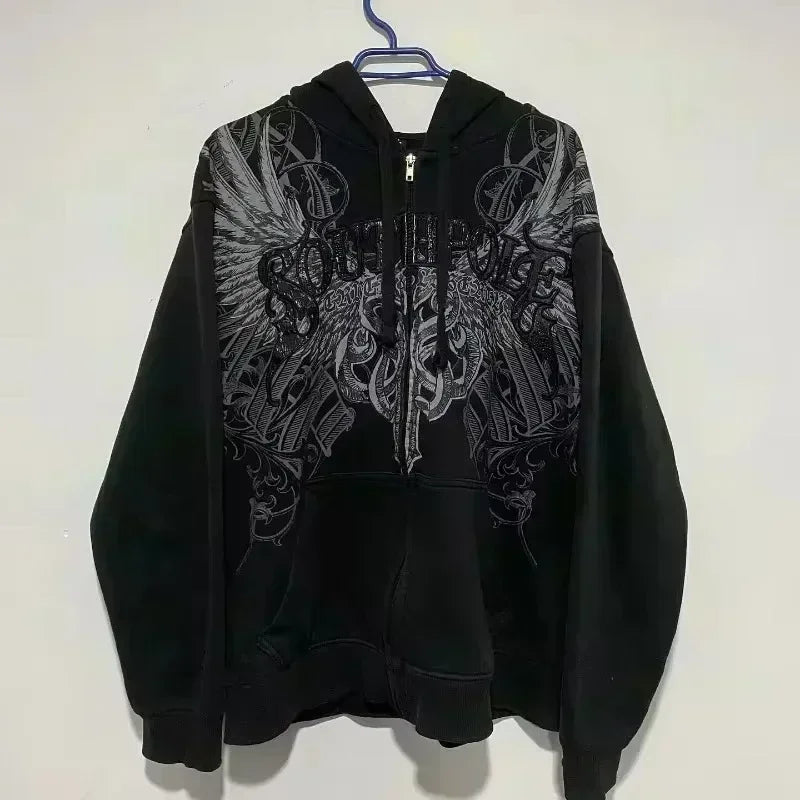 European and American Fashion Trends Joker Pattern Embroidered Zipper Hoodie Women Street Hip Hop Retro Casual Sweatshirt Unisex