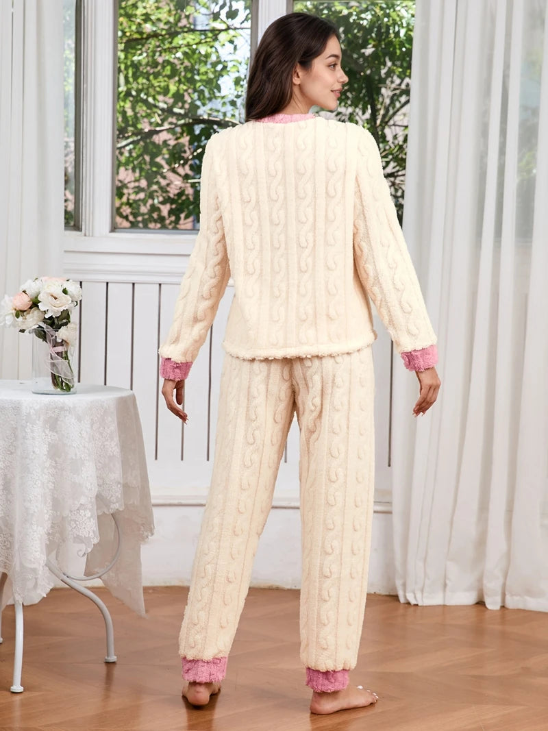 Women's Cozy Solid Lounge Set Long Sleeve Round Neck Top and Pants Breathable Fabric Comfortable Relaxed Fit Homewear Nightwear