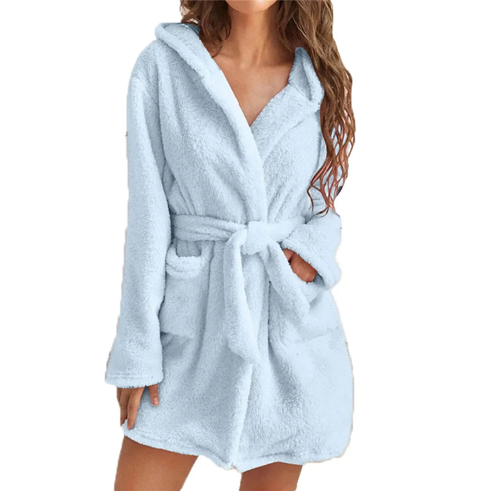 Solid Shower Kimono Robes Hooded for Women Long Sleeves Towel Bathrobe with Waist Girdle Female Cotton Sleepwear for Home Wear