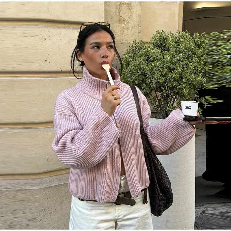 Women's Panelled Striped Zipper Knit Sweater Turtleneck Full Sleeve Coat 2026 Spring Autumn Female Casual Outings Daily Matching