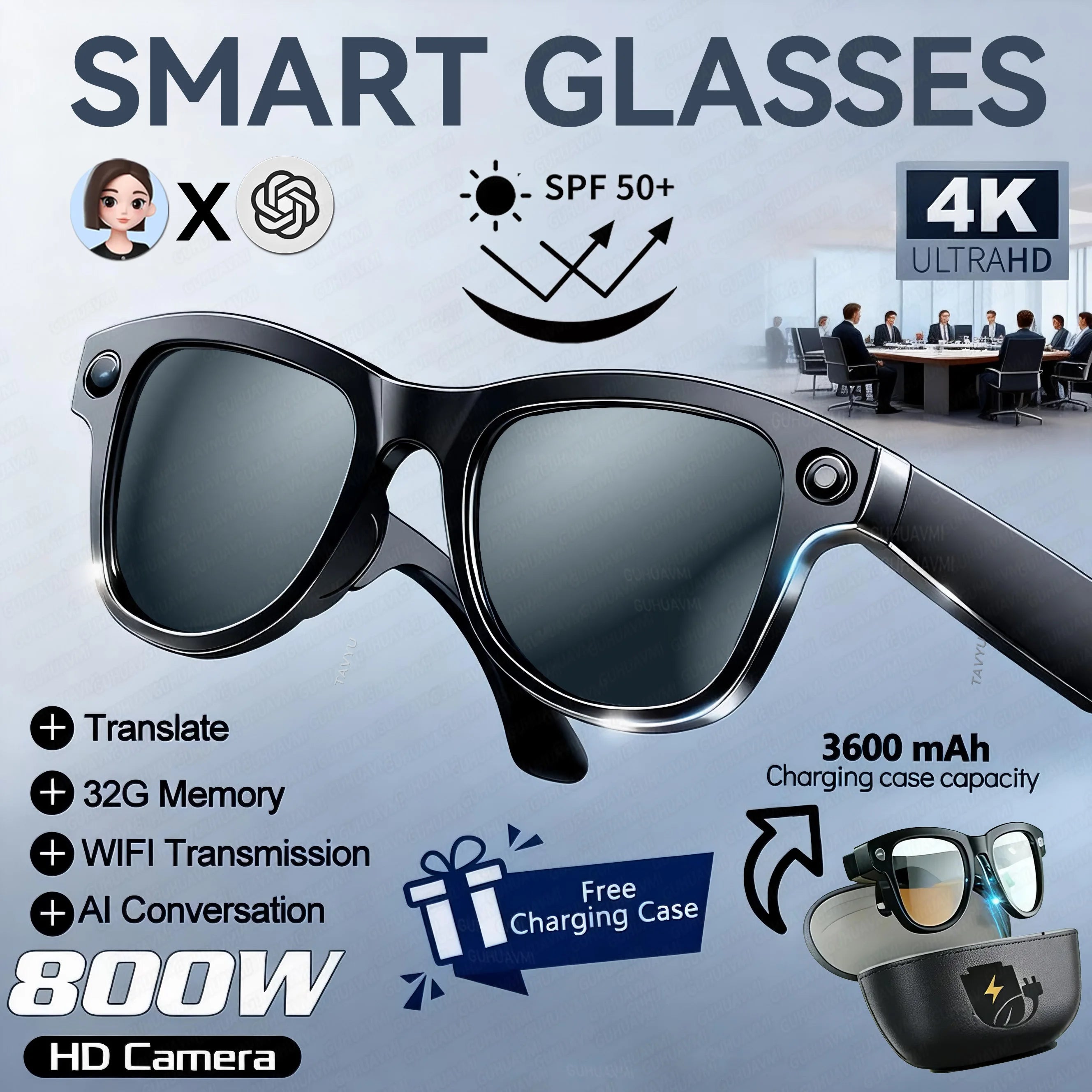 New 800W 4K HD Camera Smart Glasses for Men with 3600mAh Power Bank and 100+ Language Translation, Video Recording, Music Player, and Calling Features