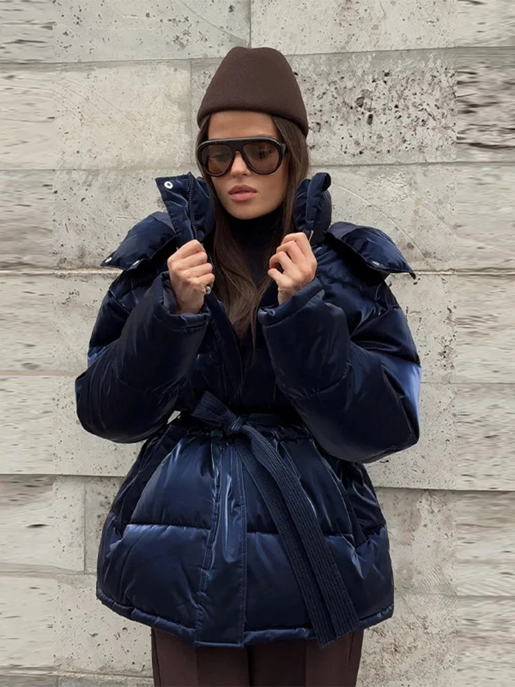 Chic Women's Shiny Pink Hooded Puffer Jacket Oversized Longline Winter Cotton-Padded Coat Fashion Warm Down Outerwear for Women