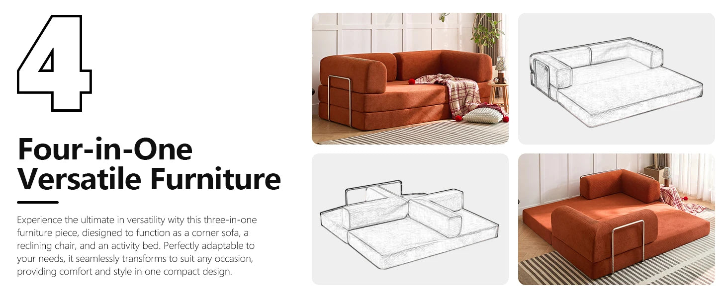 Folding Modular Sofa Bed, Convertible Floor Sofa, Leisure Sofa Bed, Corduroy Folding Mattress, Lounge Sofa, Living Room Bedroom