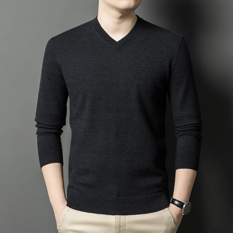 Men's V-Neck Basic Solid Color Sweatshirt Warm Autumn Knitted Oversize Pullover Elastic Round Neck Sweater for Casual Wear