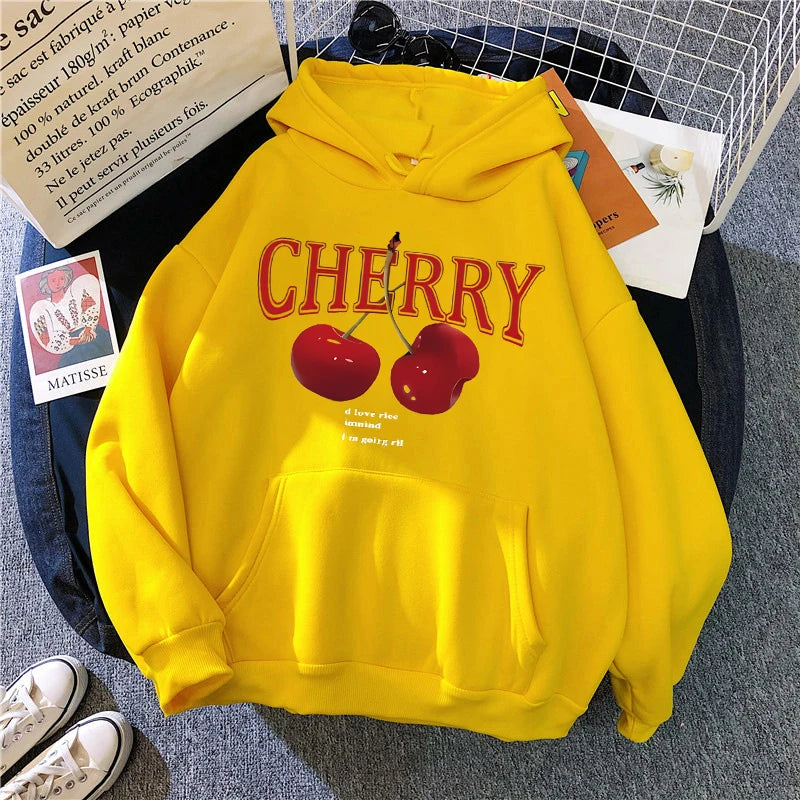 Girls 2000s Cherry Love Long Sleeve Pocket Hoodies Funny Gothic Sweatshirt Women's Print Casual Hoody Streetwear Y2k Clothes
