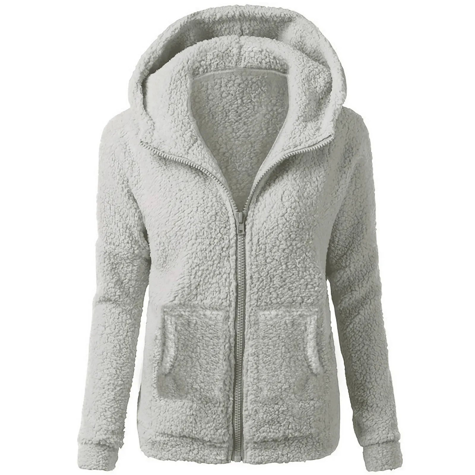 Women's Fashion Solid Color Sweatshirt Loose Hooded Plush Zip Up Jacket Top