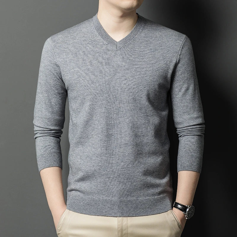 Men's V-Neck Basic Solid Color Sweatshirt Warm Autumn Knitted Oversize Pullover Elastic Round Neck Sweater for Casual Wear