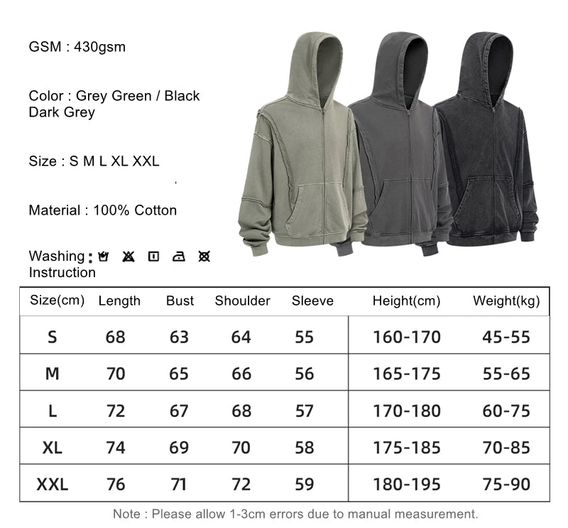 ZODF Retro Winter Man 430gsm Zipper Cotton Hoodies Unisex Heavy Weight Washed Loose Edge Zip-up Hooded Coats HY1125