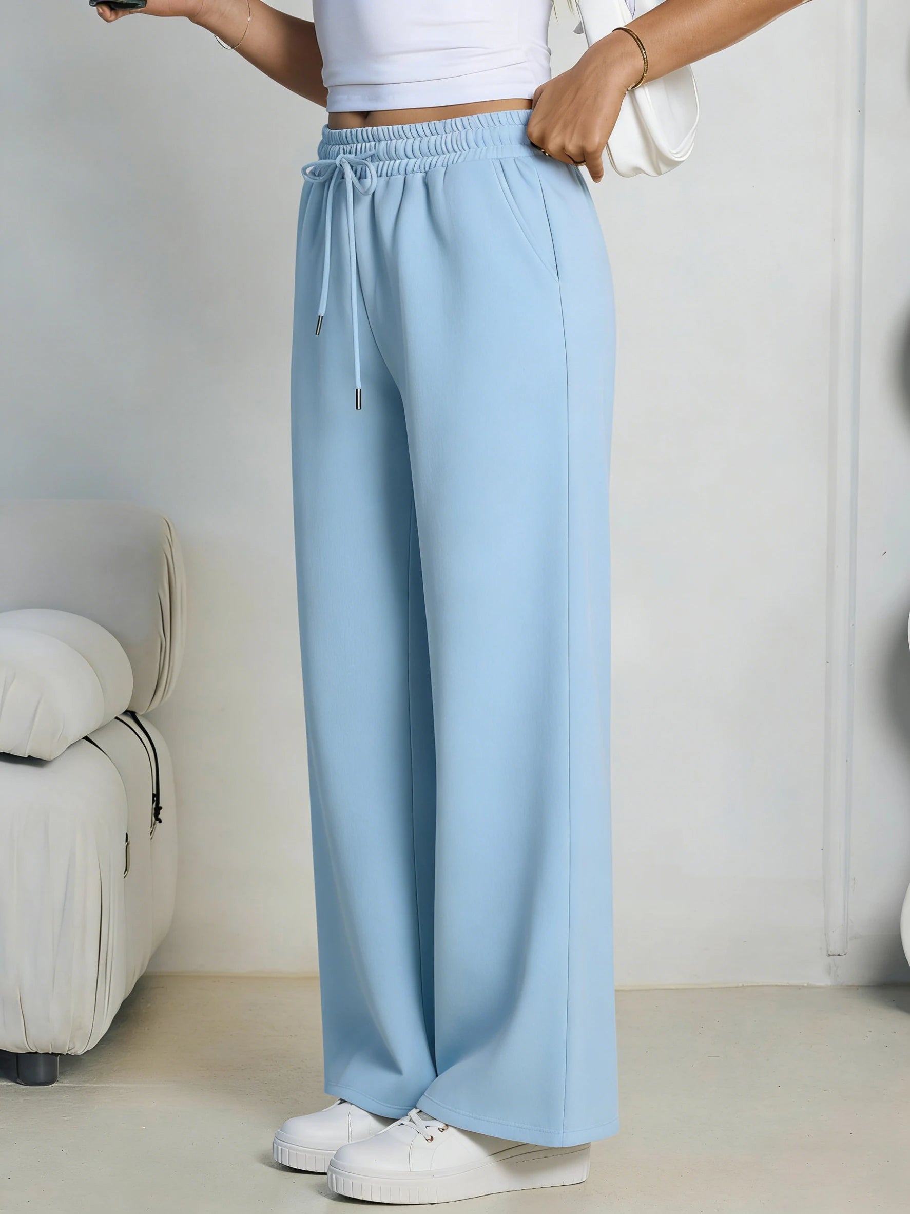 Women's Wide Leg Pants - European and American Fleece Sweatpants with Waist Drawstring - Straight Leg Loose Dance Casual Trousers