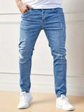 New Men's Elastic Slim Fit Jeans - Classic Ripped Cat Whiskers Casual Denim Pants - Black
