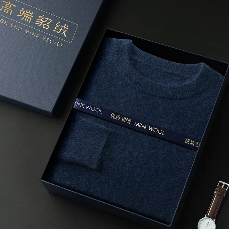 100% Pure Mink Cashmere Men's Round Neck Sweater for Autumn Winter, Casual Knitted Long Sleeved Pullover Sweater Men's Clothing